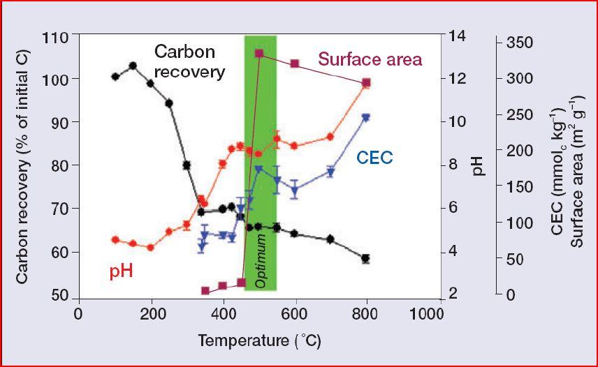 Biohiilen ominaisuudet ja pyrolyysilämpötila Lämpötilan kasvaessa: Biohiilen saanto pienenee Sidotun