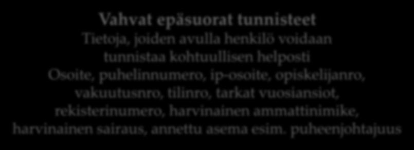 kyse henkilörekisteristä Suorat tunnisteet Tietoja, jotka yksi riittävät tunnistamaan henkilön Nimi, henkilötunnus, nimen mukainen sähköpostiosoite, biometriset tunnisteet (kasvot, ääni,