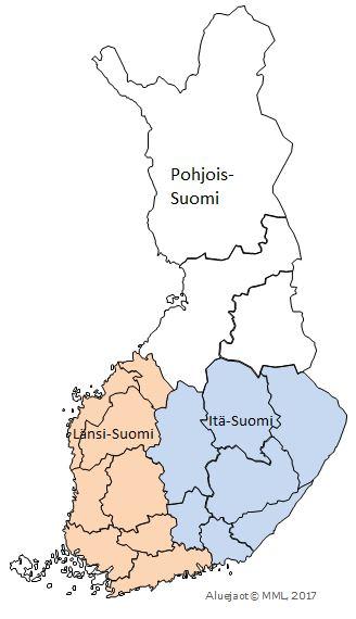 Taulukko 1. Vastanneiden pääasiallinen toimialue. Alue n % Valtakunnallinen 8 8 Länsi-Suomi 38 40 Itä-Suomi 32 33 Pohjois-Suomi 18 19 Yhteensä 96 100 Kuva 1. Tutkimuksessa käytetty aluejako.