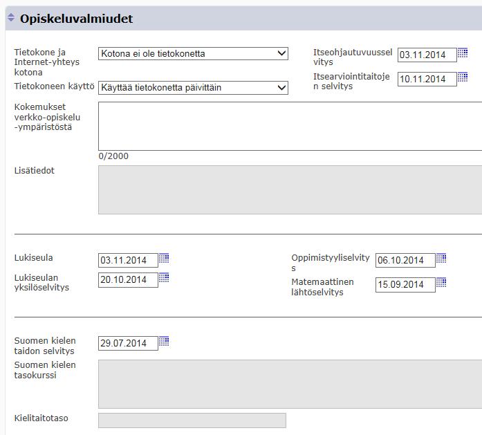 Kuva 7: opiskeluvalmiudet 5.1 Osoitettu ja hankittu osaaminen Opiskelija voi syöttää opiskelijaliittymässä osoitettua ja hankittua osaamista. Näistä osoitettuun osaamiseen liittyy logiikkaa.