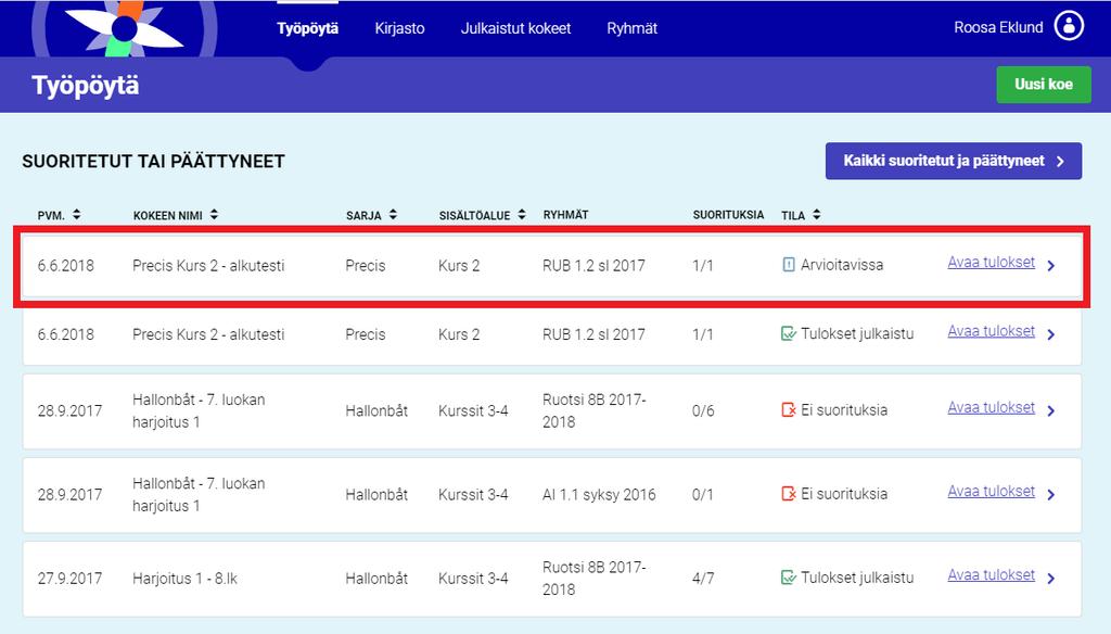 3. Avaa suoritus napauttamalla sen nimeä. Jos kokeessa on ollut vain suljettuja tehtäviä, jotka Kompassi on automaattisesti tarkistanut, voit suoraan julkaista tulokset (ks.