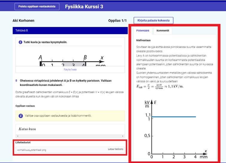 13. Jos opiskelija on liittänyt vastaukseen liitetiedostoja, voit kommentoida niitä esimerkiksi tehtävän yleisissä kommenteissa. 14.