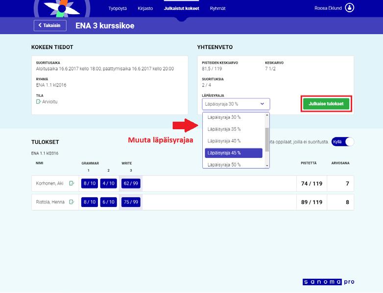 1. Kun olet tarkistanut kaikkien oppilaiden avoimet tehtävät, voit vielä muuttaa kokeen läpäisyrajaa pudotusvalikosta.