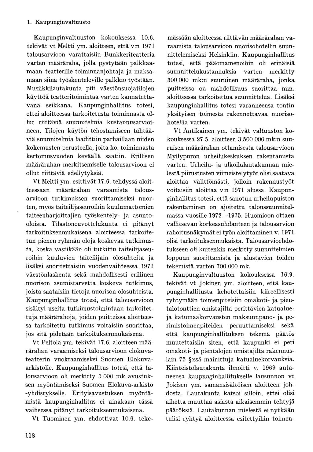 Kaupunginvaltuuston kokouksessa 10.6. tekivät vt Meltti ym.