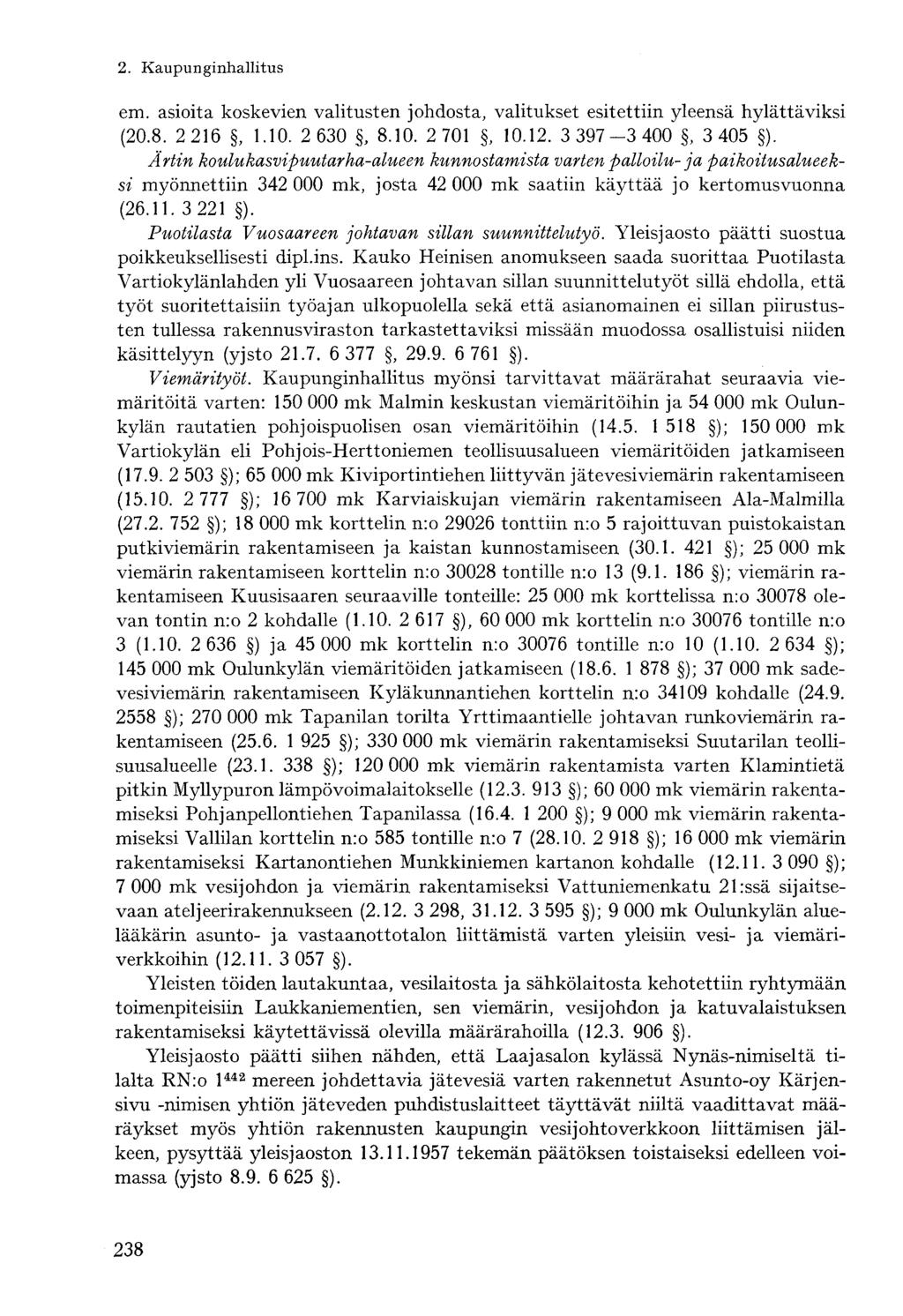 em. asioita koskevien valitusten johdosta, valitukset esitettiin yleensä hylättäviksi (20.8. 2 216, 1.10. 2 630, 8.10. 2 701, 10.12. 3 397-3 400, 3 405 ).