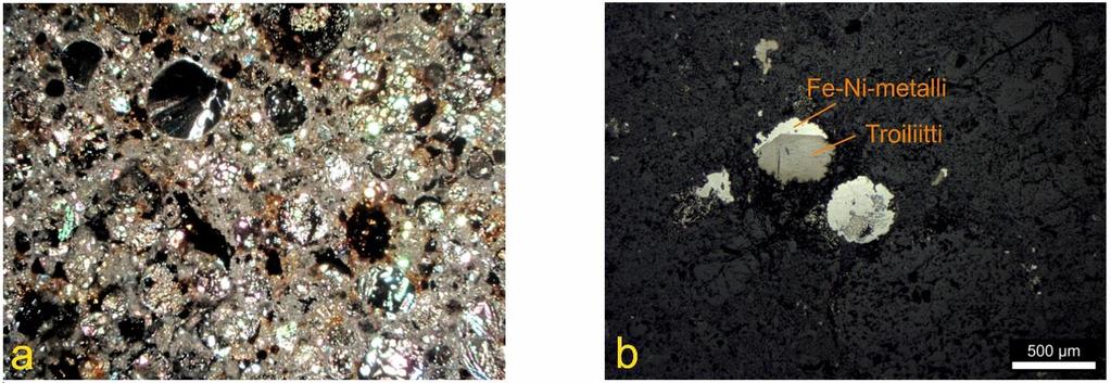 Kuva 37a) Mikroskooppikuva Bjurbölen L/LL4-kondriitista polarisaatiomikroskoopilla nikolit suorassa katsottuna. Kondrit ja perusmassa sekä opaakkien mineraalien rakeet erottuvat selkeästi.