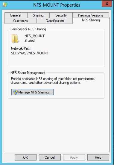 Dataosiolle konfiguroitiin NFS-jako. Palvelimelle lisättiin Server for NFS rooli sekä tehtiin data-osiolle kansio, joka nimettiin NFS_MOUNT nimiseksi.
