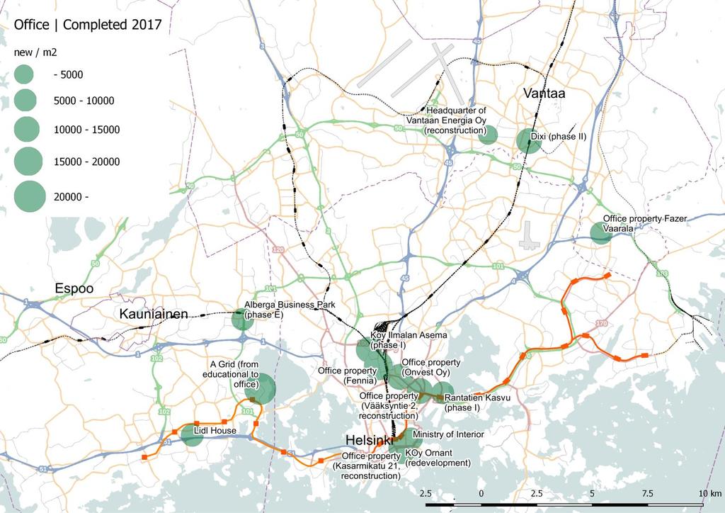 Office projects completed in Helsinki Metropolitan Area in 2017 1/2018 Additions to the map by KTI.