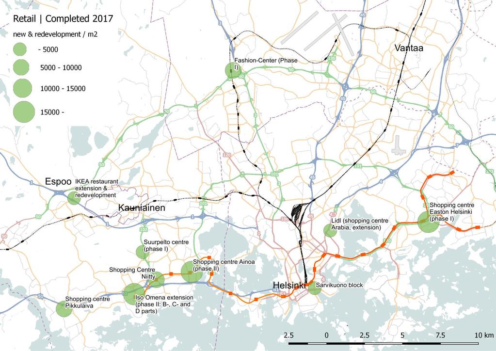 Retail projects completed in Helsinki Metropolitan Area in 2017 1/2018 Additions to the map by KTI.