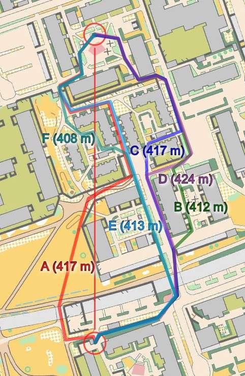 Rata F / 10-11 Soittajanpihan läpijuoksu B on lyhyin ja nopein, C on myös hyvä, kunhan osaa mennä itäportista läpi.