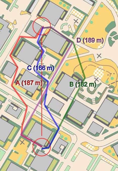 Rata F / 8-9 Solistintien sokkelot C on lyhyin ja nopein kunhan osaa lähteä rastilta taaksepäin.