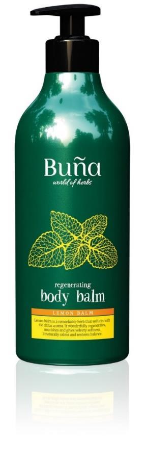 Buña Body Balm vartalovoide 480 ml Sitruunamelissa Sitruunamelissauute, glyseriini, allantoiini ja pantenoli ravitsevat ja hoitavat vahvistaen ihon lipidikerrosta, joka suojaa