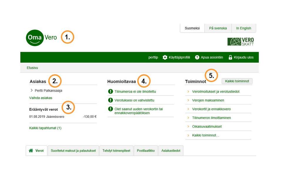 Tältä näyttää OmaVero 53 1. Kirjaudu OmaVeroon verkkopankkitunnuksillasi tai mobiilivarmisteella 2. Omat tietosi tulevat OmaVeroon perusrekisteristä. 3.