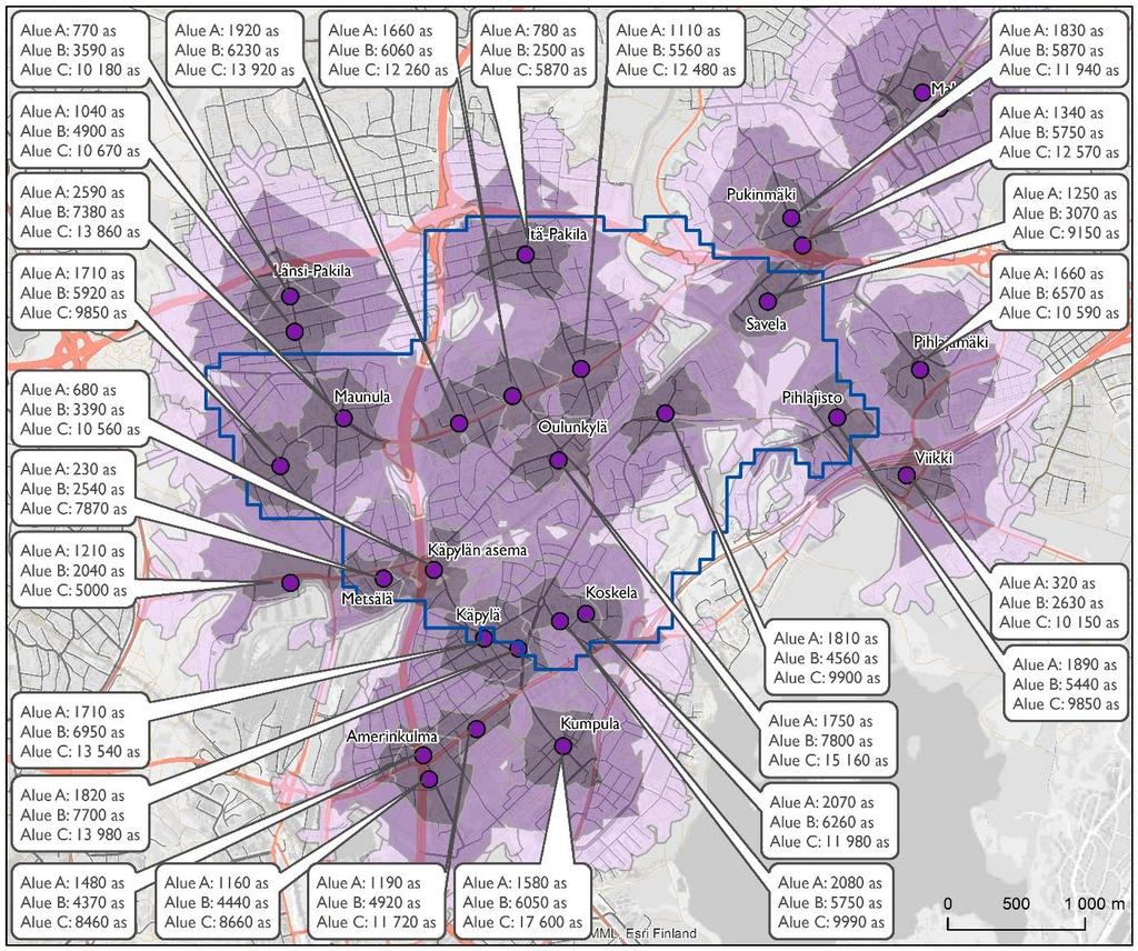 Kuva 1 Vuoden 2030 kaupallisten palveluiden lähisaavutettavuusalueet ja niiden asukasmäärät 400, 800 ja 1200 metrin etäisyydellä kevyen liikenteen