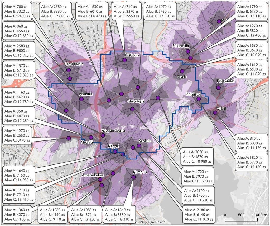 Kuva 2 Vuoden 2050 kaupallisten palveluiden lähisaavutettavuusalueet ja niiden asukasmäärät 400, 800 ja 1200 metrin etäisyydellä kevyen liikenteen