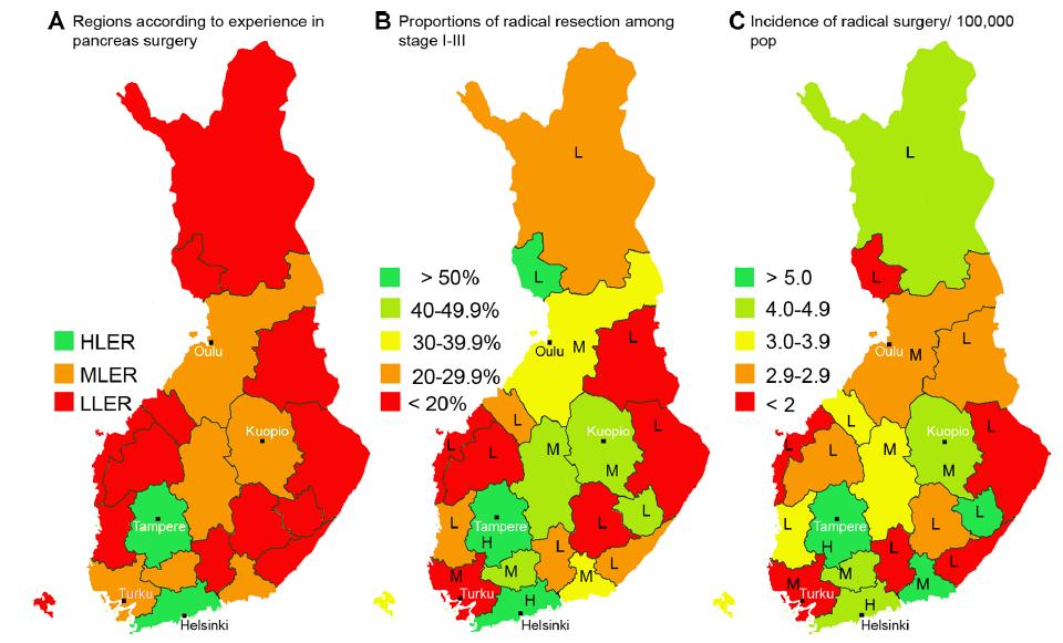 (A) HEALTHCARE DISTRICTS ACCORDING TO LEVEL OF EXPERIENCE IN PANCREATIC SURGERY (B) PROPORTIONS OF RADICAL RESECTIONS AMONG PATIENTS UNDER 75 YEARS WITH STAGE I III DISEASE SHOWED REGIONAL