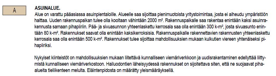 Osayleiskaavassa asuinrakentamista on ohjattu asuinalueen, vanhan/uuden rakennuspaikan sekä yleismääräyksin.