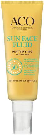 ACO Sun Face Fluid Mattifying SPF 50+, 40 ml Antaa erittäin korkean suojan UVA-ja UVB-säteitä vastaan. E-vitamiini toimii antioksidanttina.