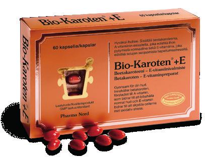 kauneus KESTÄVÄ PÄIVETYS Bio-Karoten +E, 60 kaps. Bio-Karoten+E sisältää 6 mg hyvin imeytyvää beetakaroteenia ja 10 mg luonnon E-vitamiinia. Edistää rusketuksen syntymistä ja suojaa ihoa.