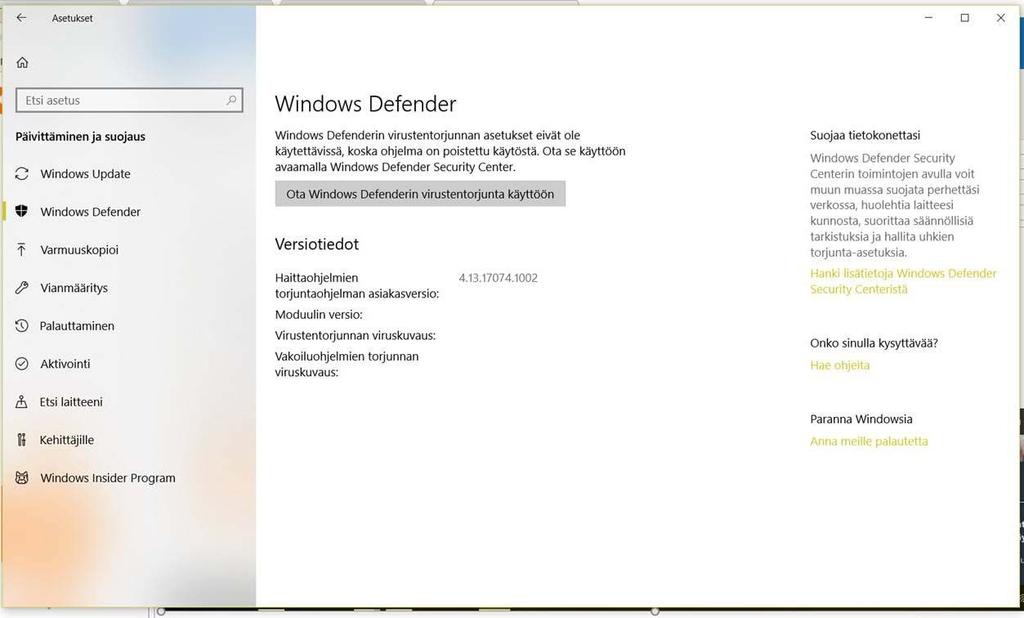 3.1.2. Käytä aina vähintään Windows Defender virusturvaa Windowsin mukana tuleva Defender, joka on osa Windows 10 ja Windows 8.1 käyttöjärjestelmiä, tarjoaa riittävän hyvän suojan peruskäyttäjälle.