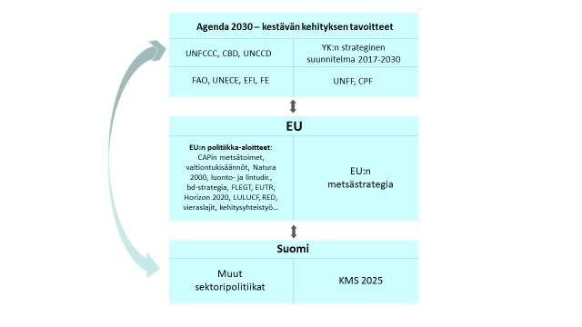 Kuva 7. Metsiin ja kestävään metsätalouteen liittyvä kansainvälinen, EU- ja kansallinen politiikkakehys.