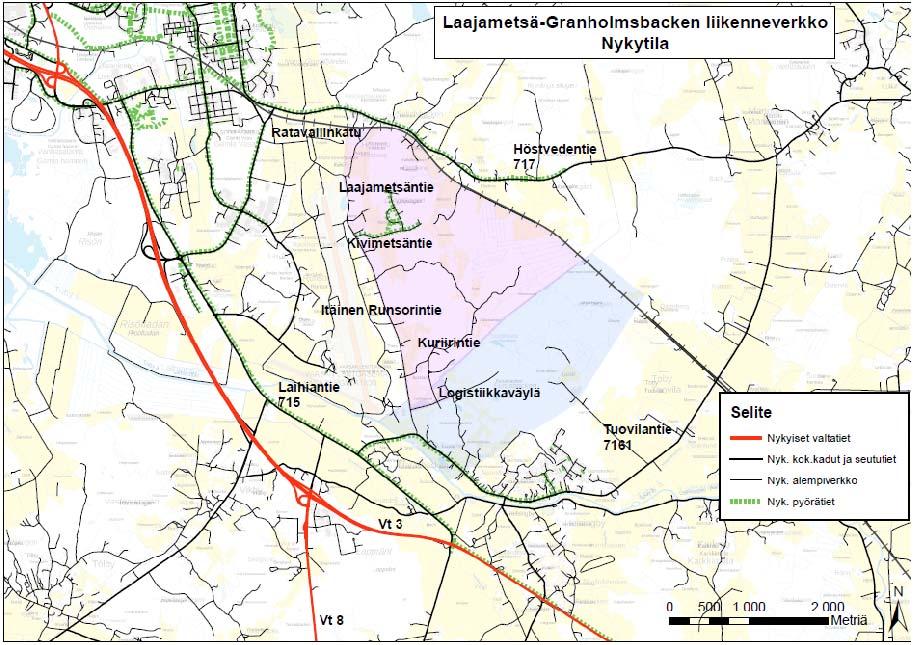 2. NYKYTILANNE Suunnittelualueen nykyinen tieverkko muodostuu Vaasan puolella pääosin Itäisestä Runsorintiestä ja siihen liittyvien kahden asemakaava-alueen kaduista.