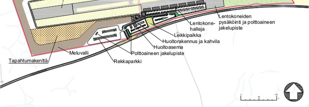 Alueelle rakennetaan rekkaparkki, jossa on noin 35 parkkipakkaa, sekä huoltoasema ja kahvila, jotka palvelevat valtatien liikennettä ja lentokentän käyttäjiä.