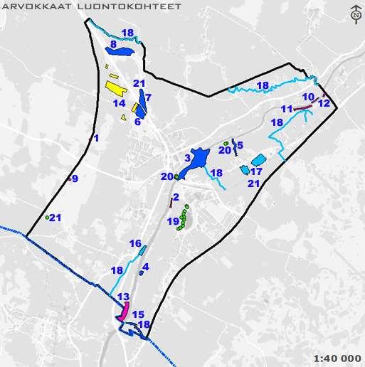 Suunnittelualueen arvokkaat luontokohteet: Kartan luontokohteet: A.