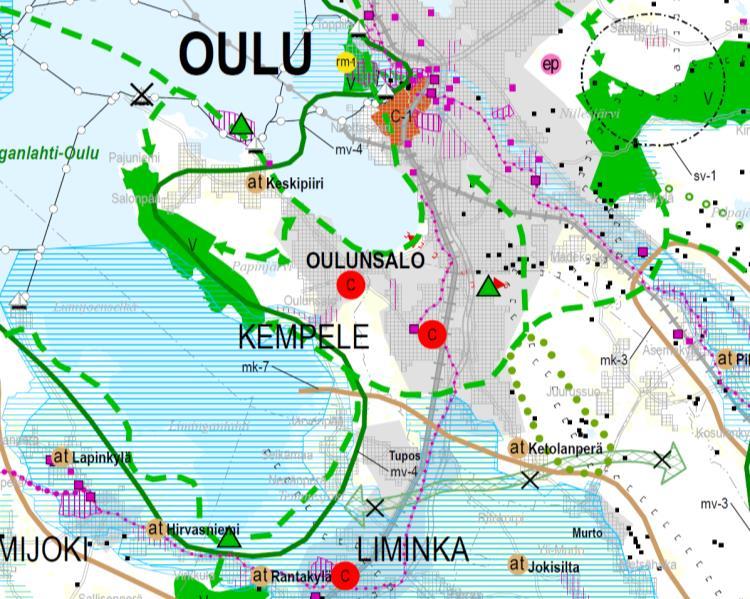 aluetta, Linnakangas uutena virkistys- ja matkailukohteena, sekä tarkennettu viheryhteyttä Liminganlahden suunnasta itään, Oulujokilaaksoon ja Oulun keskustan suuntaan, sekä osoitettu siihen liittyvä
