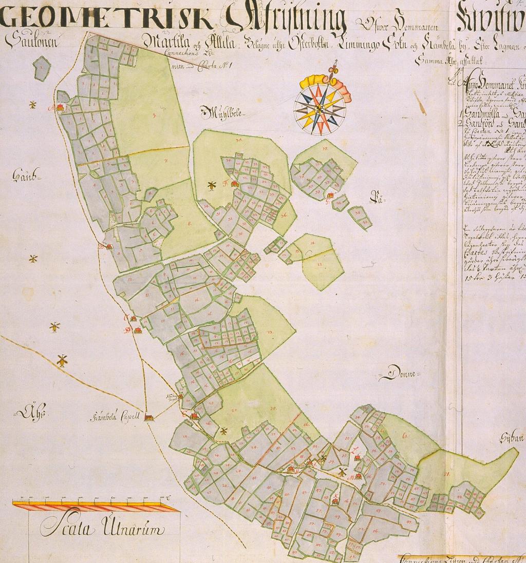 Vanhojen talonpaikkojen paikantamisessa käytetty maakirjakartta vuodelta 1707. Tuuliruususta näkee, että kartta ei ole pohjois-eteläsuunnassa.