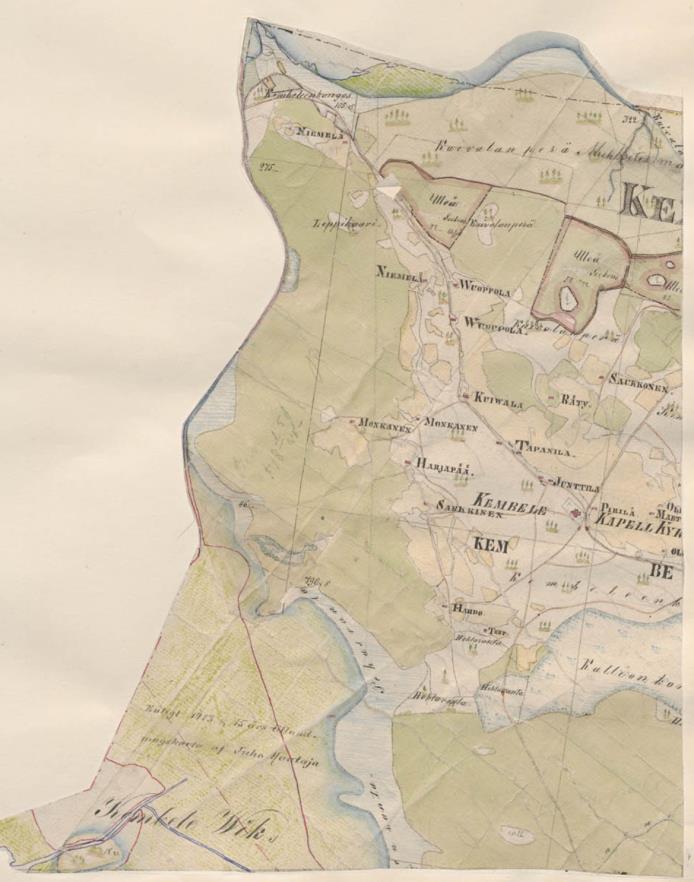 Kempele Vanhojen pitäjänkartassa karttojen ja Pohjois-Pohjanmaan vuodelta 1844.