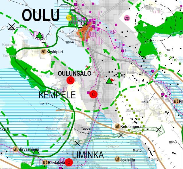 Näitä ovat suunnittelualueen ulkopuolella sijaitsevat merenrantavyöhykkeet Kempeleenlahdella ja Liminganlahdella, sekä Kempeleenharjun selänteen suuntainen akseli Tyrnävältä ja Muhokselta Kempeleen