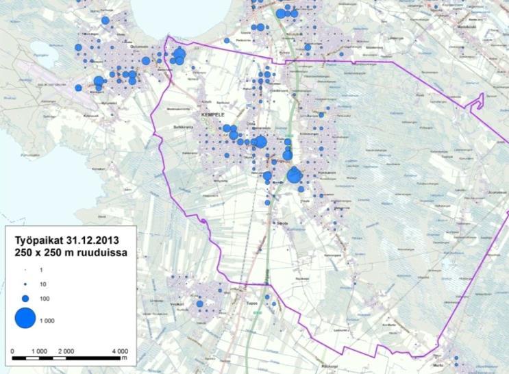 Kempeleen työpaikat vuoden 2013 lopussa Tilastokeskuksen ruututietokannan perusteella (Ramboll 2017).