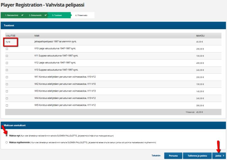 11. Kun pelaajalla ei ole kuluvalle kaudelle voimassa olevaa pelipassia, tarjoaa järjestelmä automaattisesti pelipassin laskulle.