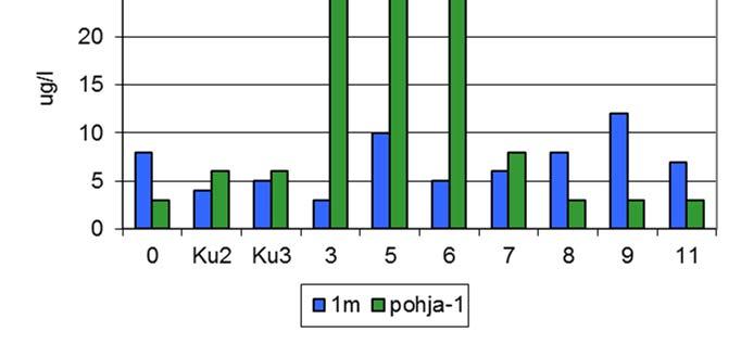 Kuva 11. Ammoniumtyppipitoisuus (µg/l) 1 m:n ja pohja-1m syvyyksillä Konnivedellä kesä- ja elokuussa 2017. 0 on kuormituksen yläpuolinen vertailuvesistö Ruotsalainen.