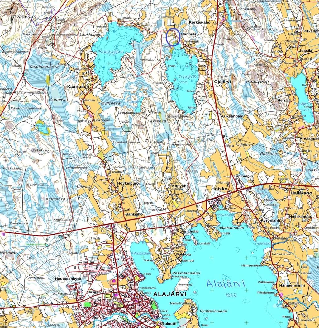 4 1.3 Kosteikon sijainti Kosteikko sijaitsee Alajärven kaupungissa Ojajärven pohjoispäähän laskevan laskuojan alkupäässä. Kosteikko sijaitsee seuraavilla tiloilla: 5-401-20-8 Hannula om.