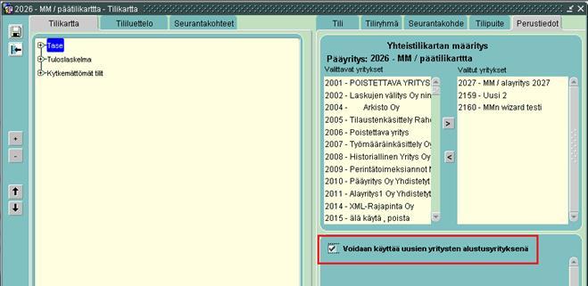 1.4 Alustuksessa käytettävän tilikartan pääyrityksen näkyvyysmäärittely Yhteistilikarttaa tarjoavan yrityksen saa näkymään alustuksessa, kun yhteistilikarttayrityksen tilikartan perustiedoissa on