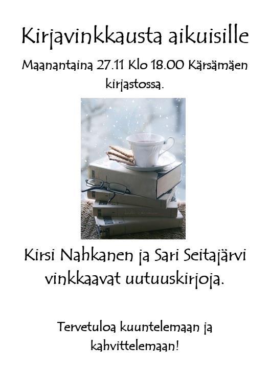 KIRJASTO Aukioloajat Haapajärventie 1 kirjasto@karsamaki.fi p. 040-682 4996 044-4456 852 kirikirjastot.verkkokirjasto.