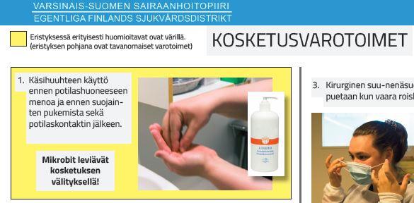 19 5.6.1 Kosketusvarotoimet -opas Oppaassa (Liite 4) numeroitiin eristyksessä toimimisen etenemisjärjestys eroteltuna eristykseen pukeutumiseen ja eristyssuojainten riisumiseen.