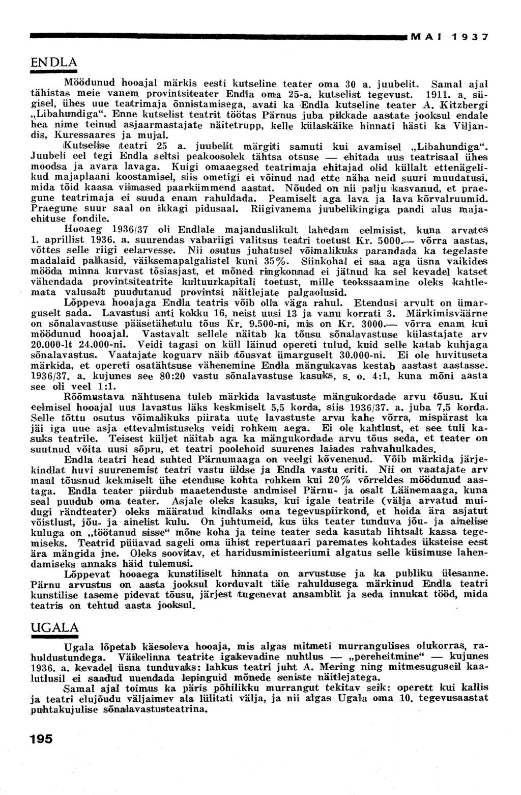 ENDLA MAI 1937 Möödunud hooajal märkis eesti kutseline teater oma 30 a. juubelit. Samal ajal tähistas meie vanem provintsiteater Endla oma 25-a. kutselist tegevust. 1911. a. siigisel, ühes uue teatrimaja õnnistamisega, avati ka Endla kutseline teater A.