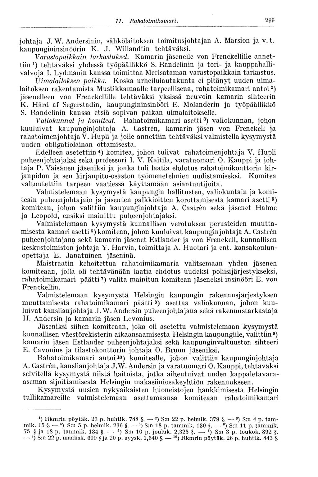 II. Rahato im kamari. 269 johtaja J. W. Andersinin, sähkölaitoksen toimitusjohtajan A. Marsion ja v.t. kaupungininsinöörin K. J. Willandtin tehtäväksi. Varastopaikkain tarkastukset.