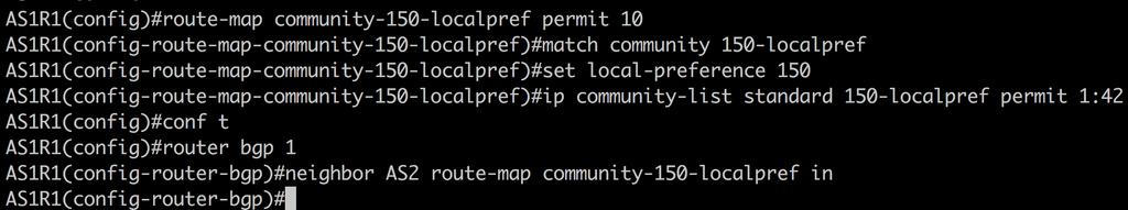 local preference -attribuutin arvoksi 150. Kuvassa 17. AS1R1-reitittimen konfiguraatio community -attribuutin käyttöönottoon. Kuva 17.