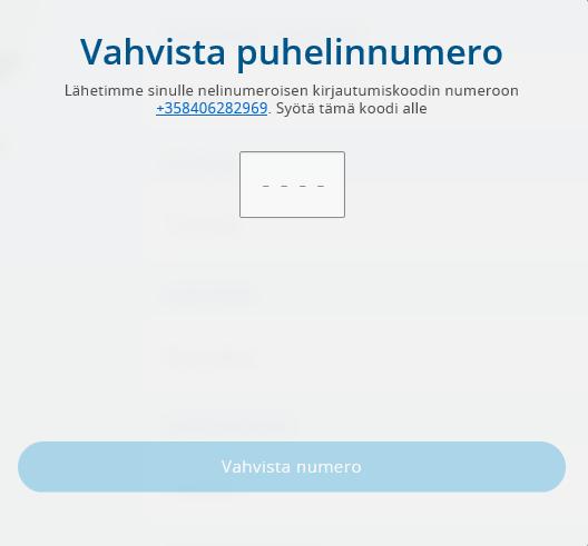 8. Sinulle aukeaa vielä puhelinnumeron vahvistusruutu, kirjoita ruutuun tekstiviestinä tuleva neljänumeroinen koodi ja paina Vahvista