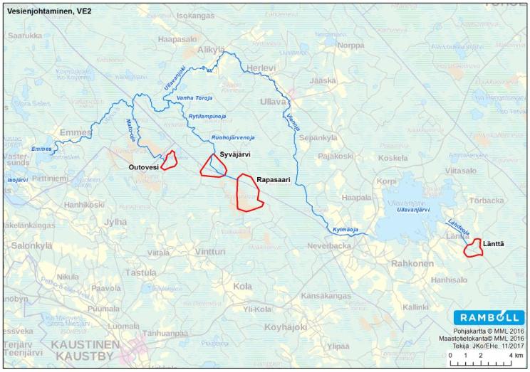 Vaihtoehto 2 (VE2), jossa malmia louhitaan Läntän, Syväjärven, Outoveden ja Rapasaaren louhosalueilta ja malmi kuljetetaan käsiteltäväksi Kalaveden tuotantolaitokselle.