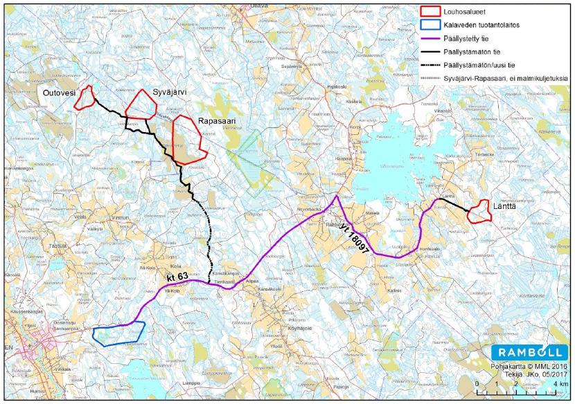 6.1.4 Liikenne Malmin kuljetusreitit louhosalueilta Kalaveden rikastamolle tai mahdolliselle tuotantolaitokselle: Myös muut kuljetukset toteutetaan samoja reittejä.