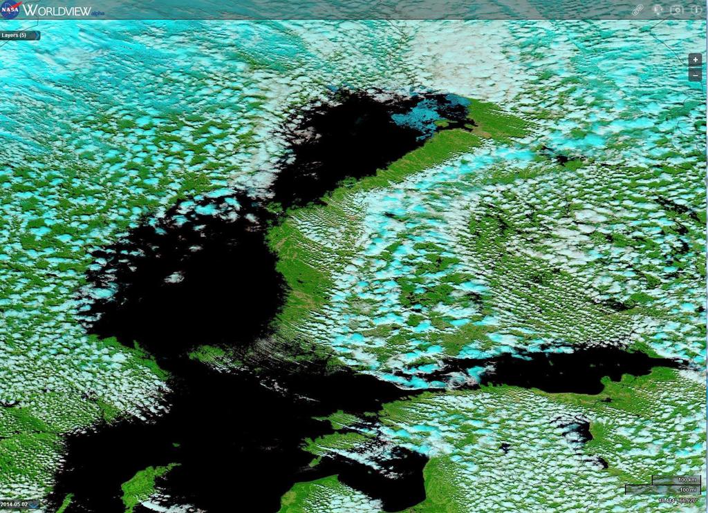 NASAn naparatasatelliitin MODIS instrumentin kuva ~ 11 UTC (Huom., kyseinen kuva saatavilla ainoastaan 1x/vrk muutaman tunnin viiveellä, ei siis käytetä ennustetuotannossa).
