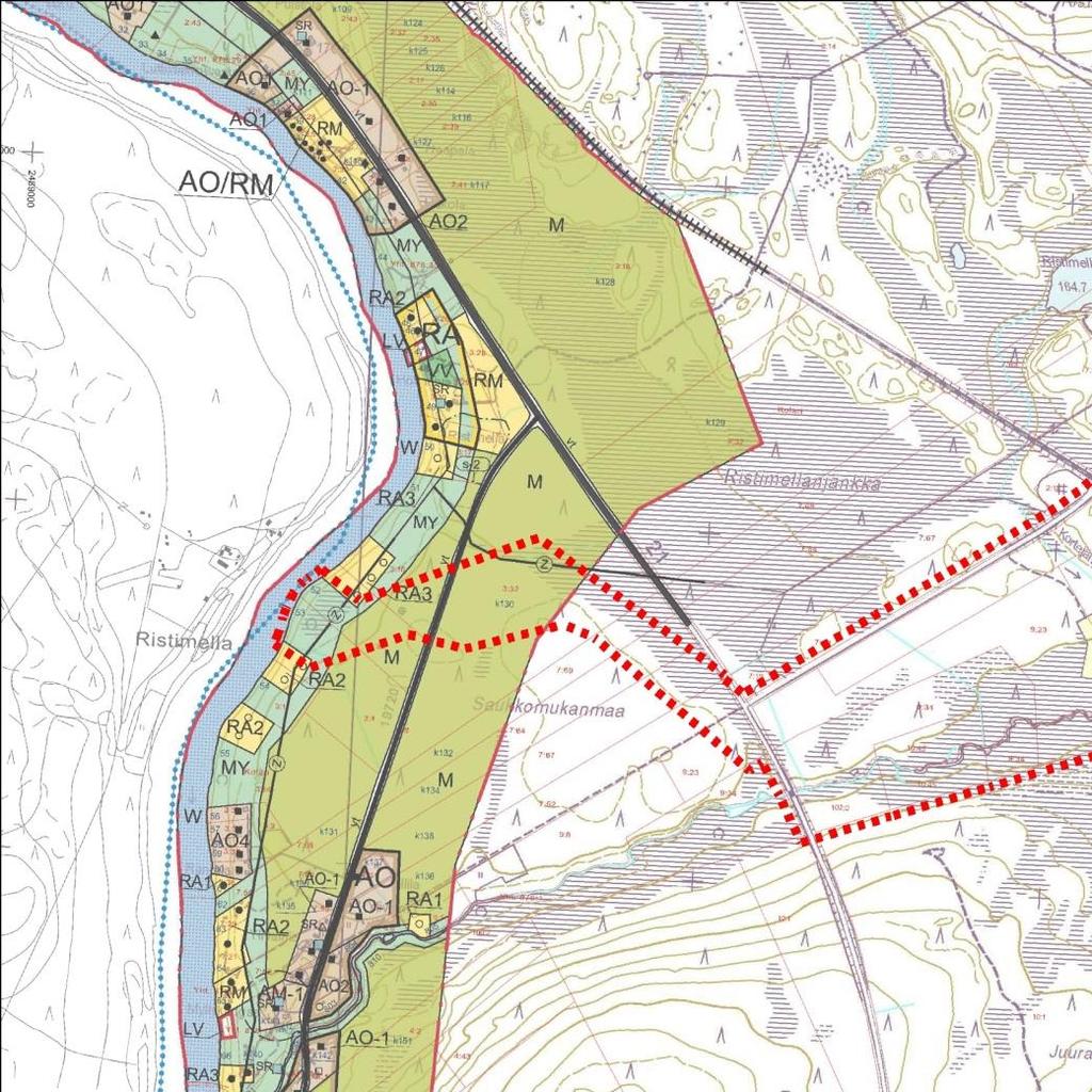 3.5 Asemakaavat Ote osalla osayleiskaavoitettavaa aluetta voimassa olevasta Tornion-Muonionjoen osayleiskaavasta. Hannukaisen kaivosalueen osayleiskaavan rajaus punaisella katkoviivalla.