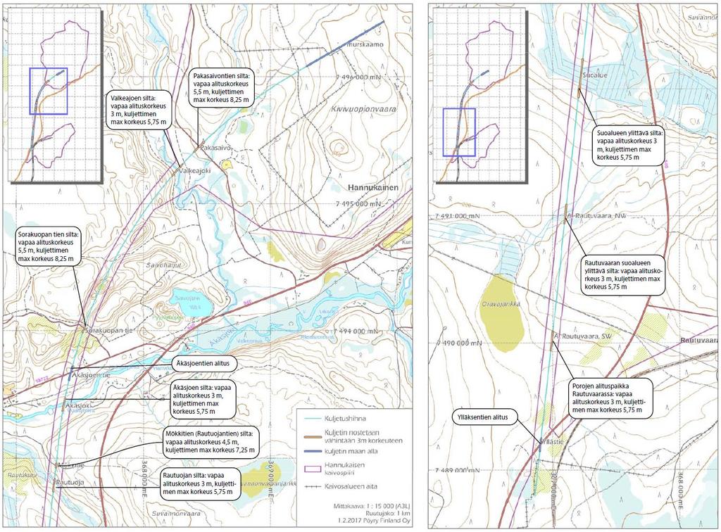 Kuljettimen reitti sekä sen siltapaikat ja maan alaiset osuudet (Pöyry Finland Oy, 1.2.2017). 6.