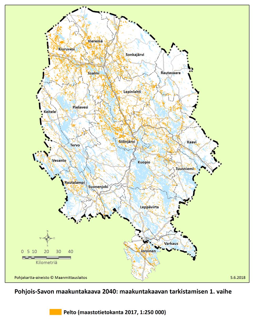 Kuva 11. Teemakartta maastotietokannan mukaisista peltokuvioista Pohjois-Savossa. Tiedot ovat vuodelta 2017.