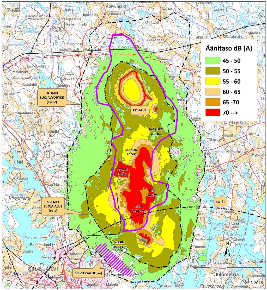 67 Kuva 20. Kaivos- ja tehdasmelun huomioiva melumallinnus, Lden. Melumallinnuksen päälle on osoitettu uudet maakuntakaavan suoja-alueet ja -vyöhykkeet, kaivosalueen rajaus (lila) ja selvitysalue.